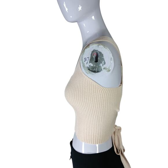 Be Cool Crop Knit Top Size Small / Medium Ribbed Beige Lightweight Ties on Back - Picture 4 of 8